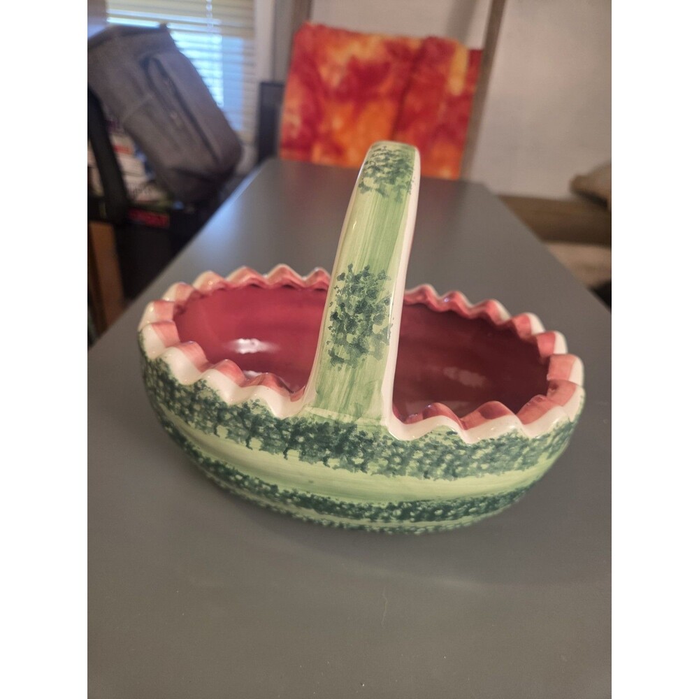 Ceramic Oval Watermelon Handle food Basket/Planter Holland 9” Taiwan 1994 vtg